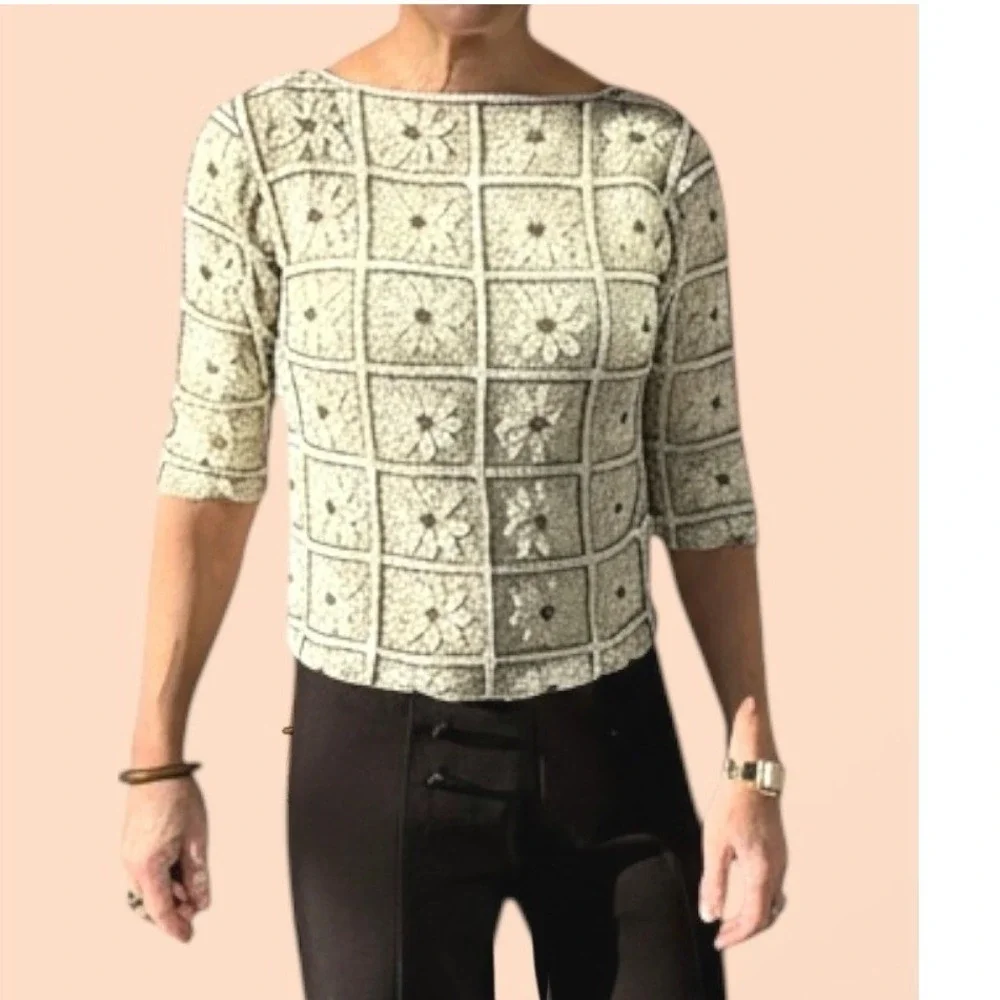 Gene Shelly's Boutique Internationale Vintage MCM Beaded Sweater Cream White‎